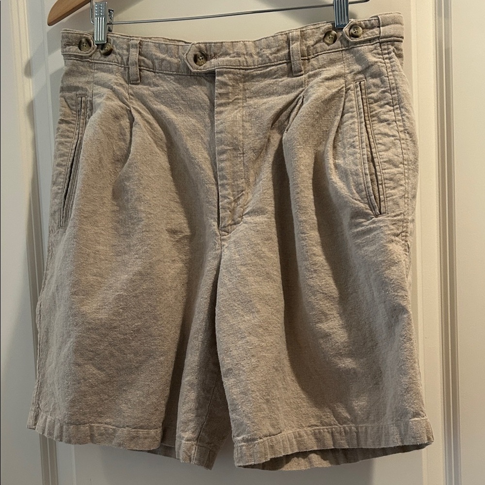 Arcadia vintage Linen Blend Tan pleated high waist safari cargo zipUp Shorts 34W